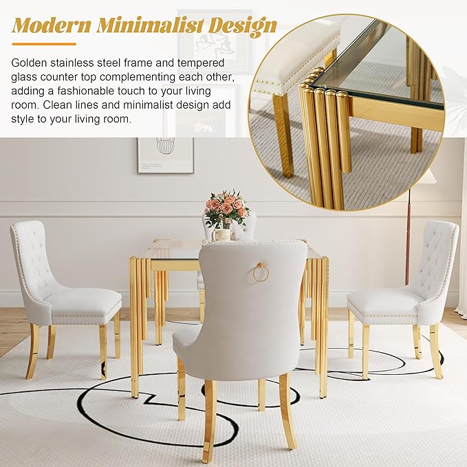 5 Piece Glass Dining Table Set, 35" Square Glass Kitchen Table with 4 White Velvet Upholstered Chairs, Gold Dining Table for 4 with Chairs Set for Kitchen, Living Room