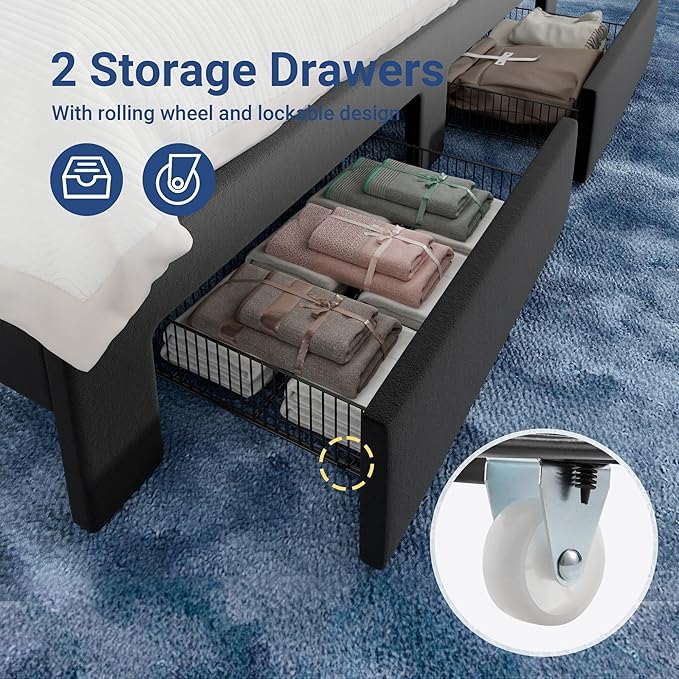 Allewie Velvet Vertical Tufted King Size Upholstered Platform Bed Frame with 2-Tier LED Storage Headboard & 2 Storage Drawers, USB & Type-C Charging Ports, Noise-Free/No Box Spring Needed, Black