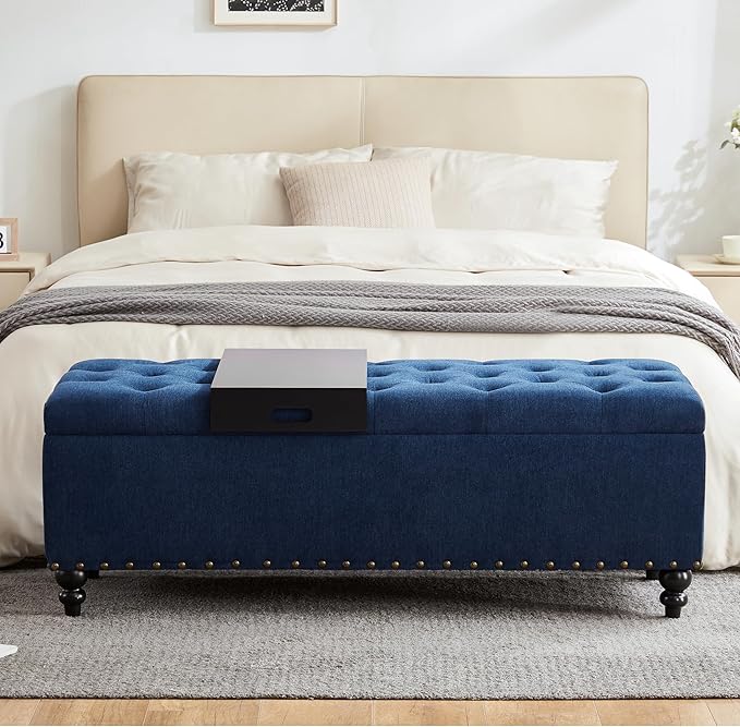 HUIMO 51-inch Storage Ottoman Bench with Removable Tray, Bedroom Bench with Button-Tufted, Safety Hinge Ottoman in Upholstered Fabrics, Large Long Bench for Living Room, Bedroom (Bule)
