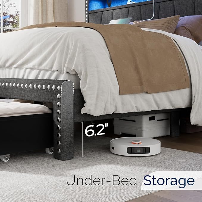 Queen Size Bed Frame with Storage Headboard and Drawers Modern Rivets Upholstered Bed Frame with LED Charging Station Queen Bedframe No Box Spring Needed