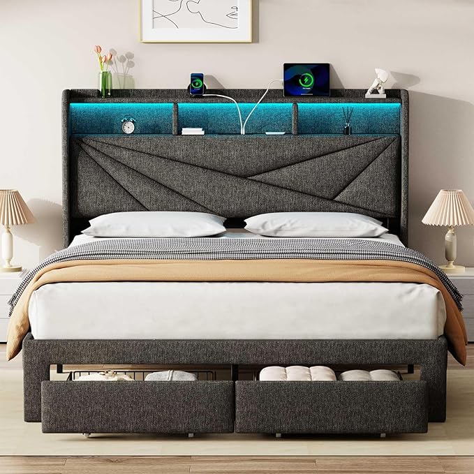LED Queen Bed Frame with 2 Storage Drawers, Upholstered Bed Frame Queen Size with Headboard and Charging Station, No Box Spring Needed, Easy to Assembly-Dark Grey