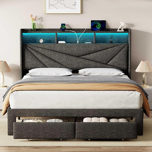 LED King Size Bed Frame with 2 Storage Drawers, Upholstered King Bed Frame with Headboard and Charging Station, No Box Spring Needed, Easy to Assembly-Dark Grey