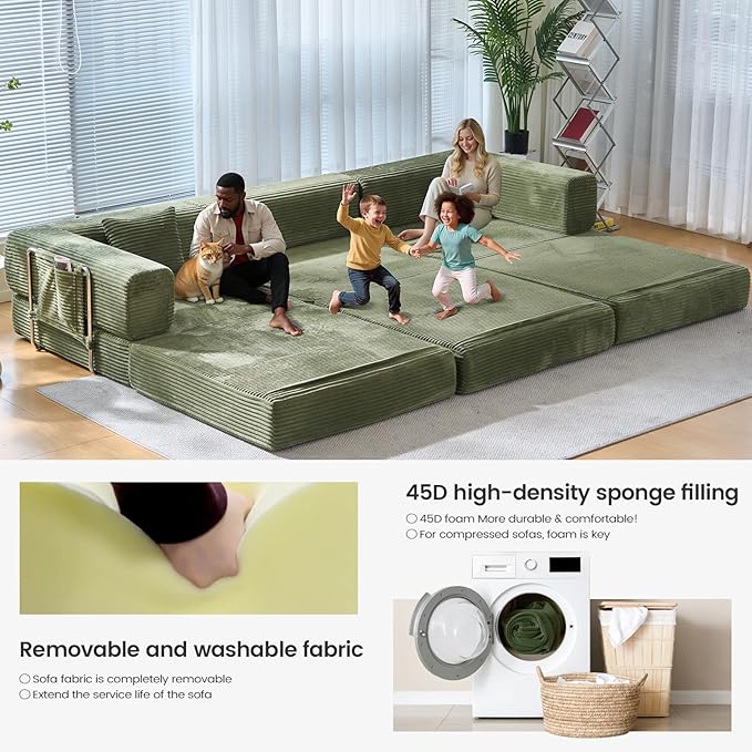 Folding Sofa Bed Convertable Corduroy Couch King Size Floor Sleeper 4-in-1 DIY Combination Modular Sofa Fold Out Futon Lounge Comfy Foldable Lazy cama for Living Room (Green)