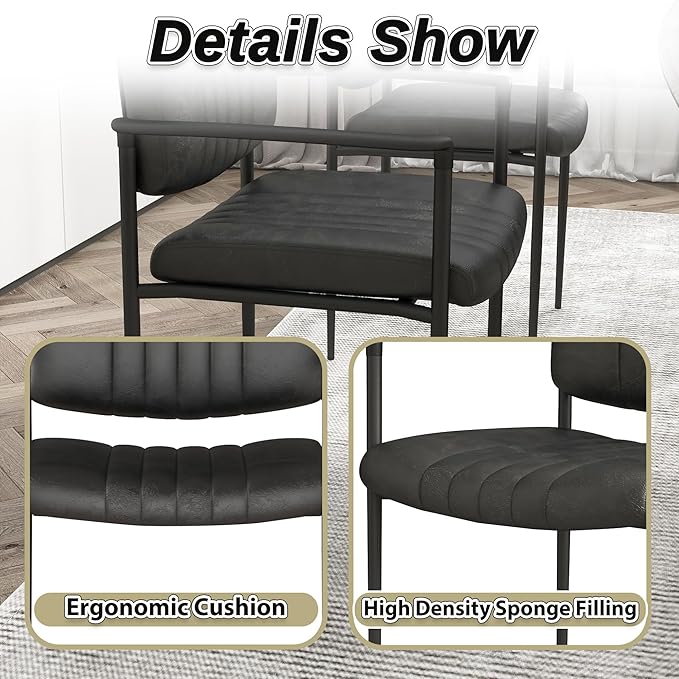 Mid-Century Modern PU Leather Dining Chairs Set of 2, Upholstered Kitchen Chairs with Arms and Metal Legs Adjustable Feet for Kitchen Dining Room(Black)