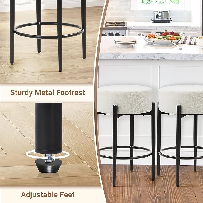 Counter Height Bar Stools, Set of 4, 24" Modern Backless Bar Stools, Ideal for Kitchen Counter, Kitchen Island, Boucle Sherpa Padded Cover, with Round Soft Seat and Foot Rest, White