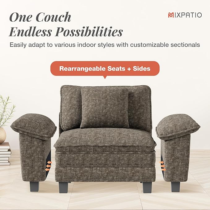 U-Shaped Cloud Modular Sofa Set, Deep Seat 3-Piece 7-Seater Sectional Couch & Removable Arms, Plush Chenille for Living Room - Smoky Gray