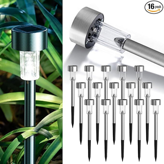 GIGALUMI 16 Pack Solar Lights Outdoor Waterproof,Stainless Steel LED Solar Garden Lights for Patio, Lawn, Yard and Landscape(Cold White)