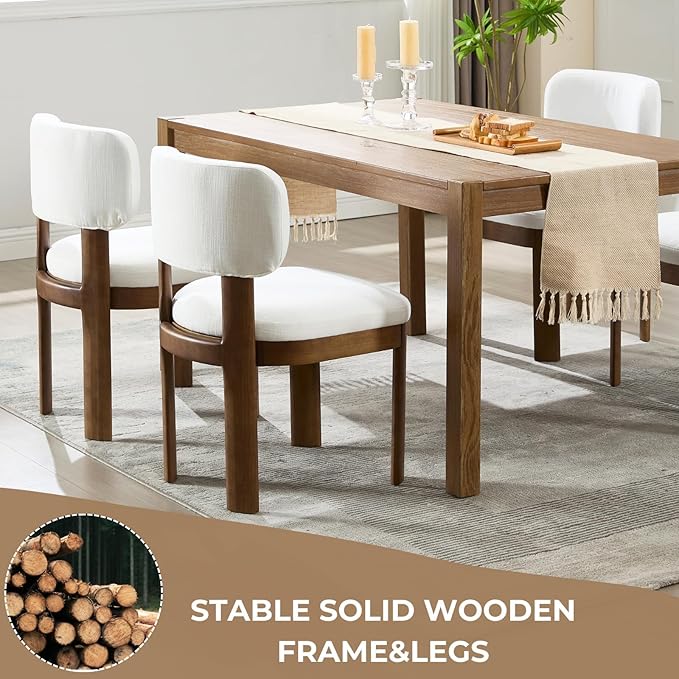Beige Dining Chairs Set of 2 Mid Century Modern Upholstered Dining Room Chairs with Curved Backrest and Wooden Legs for Kitchen Island, Dining Room