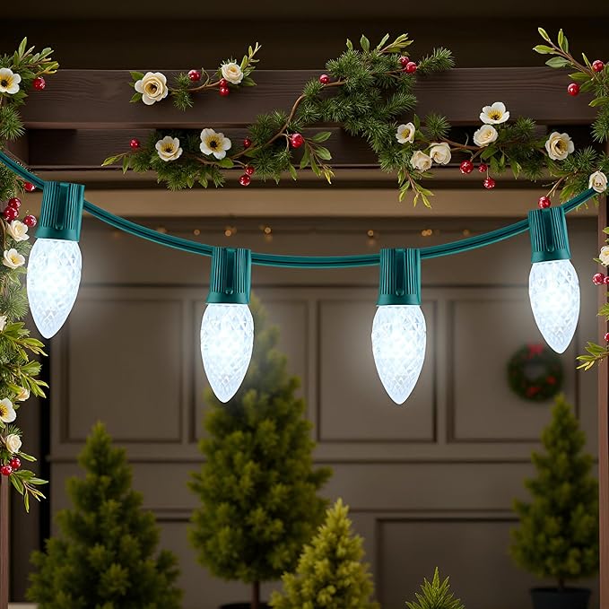 YULETIME Cool White C9 LED Christmas Lights, 25 Feet 25 Count 12" Spacing Faceted Strawberry Bulbs UL Certified Outdoor String Light Set (Cool White)