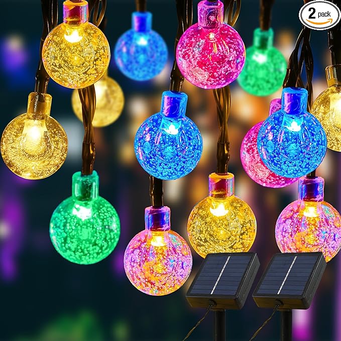 Solar Lights Outdoor Waterproof, 2 Pack Total 120LED 72FT Solar String Lights for Outside with 8 Modes, Outdoor String Lights Crystal Globe Patio Lights for Garden Yard Party Decor (Multicolor)