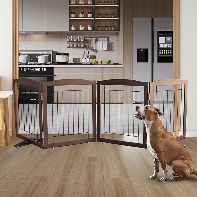 ZJSF Freestanding Dog Fence Indoor, Foldable Dog Gate for Doorways, Stairs or Hallways, Sturdy Wood Extra Wide Pet Gate with Support Feet for The House, Brown, 24 "Height-4 Panels