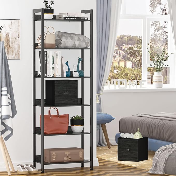 Furologee 6-Tier Bookshelf, Tall Bookcase with 2 Drawers Storage Organizer, Industrial Display Free Standing Shelf Units, Wood and Metal Storage Rack for Home Office, Bedroom, Black Oak