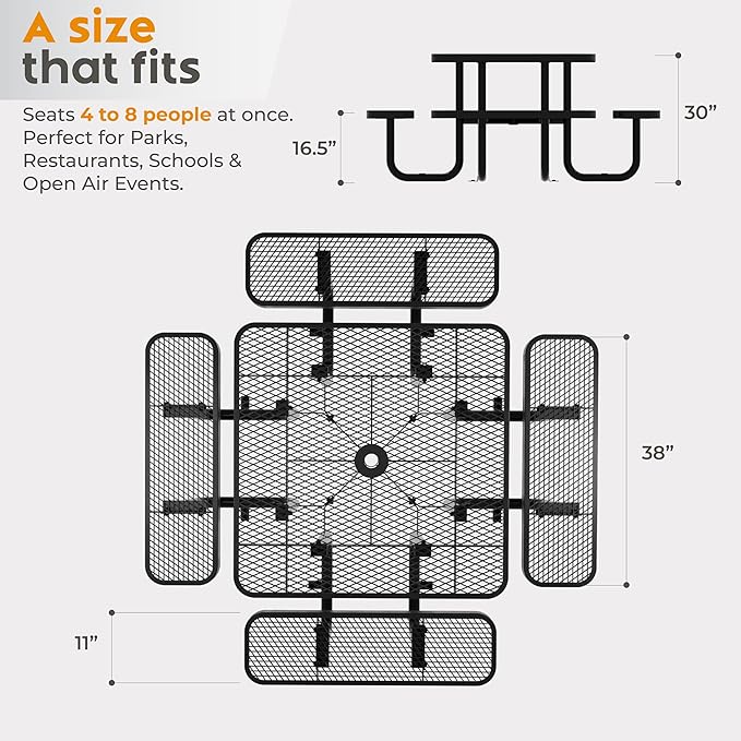 Metal Picnic Tables for Outdoors with Umbrella Hole - Coated Steel Heavy Duty Commercial Grade Furniture with Adjustable Seats (Black, 38 in, Square)