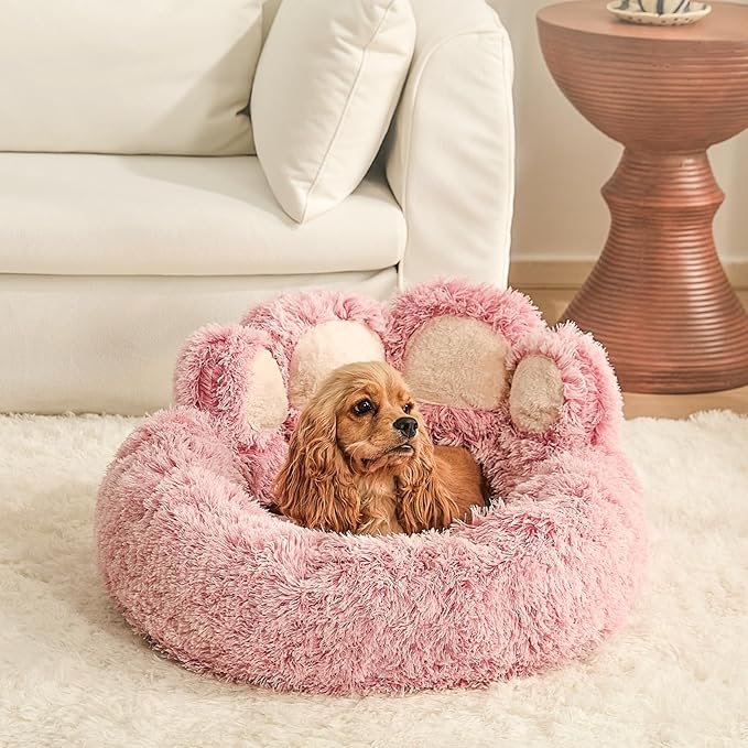 Jiupety Paw Shape Calming Pet Bed, Plush Faux Fur Donut Bed for Dogs & Cats, Machine Washable, Non-Slip Bottom, Large Size (26"×26"×8"), Pink