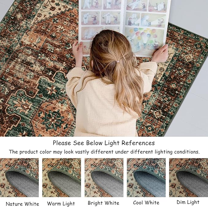 Moynesa Ultra-Thin Washable Vintage Area Rug - 4x6 Living Room Rug for Bedroom Office, Non-Shed Non Slip Oriental Laundry Bathroom Mat Indoor Accent Floor Carpet for Entrance Kitchen Mudroom