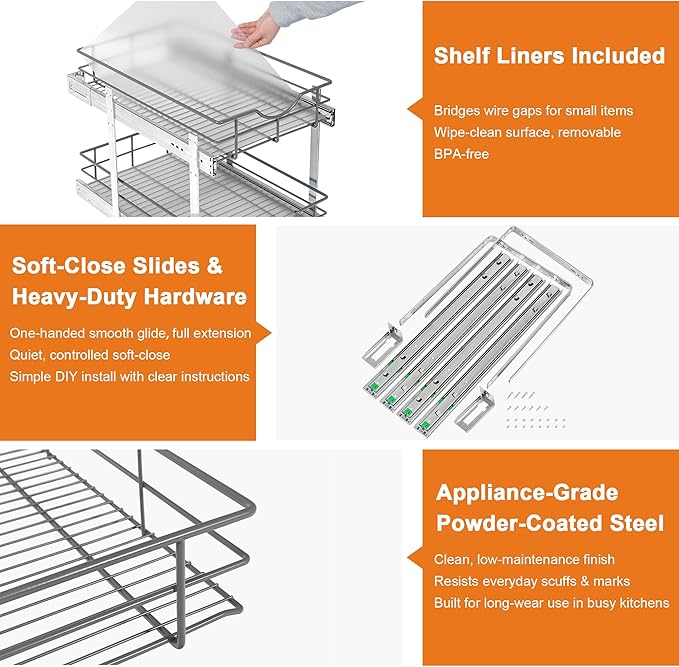 ALINE FURNITURE 2-Tier Pull Out Cabinet Organizer - 11" W x 22" D Soft Close Sliding Shelves with Shelf Liners - Pullout Drawers for Kitchen Cabinets, Pantry, Bathroom, Heavy Duty Steel Wire Baskets
