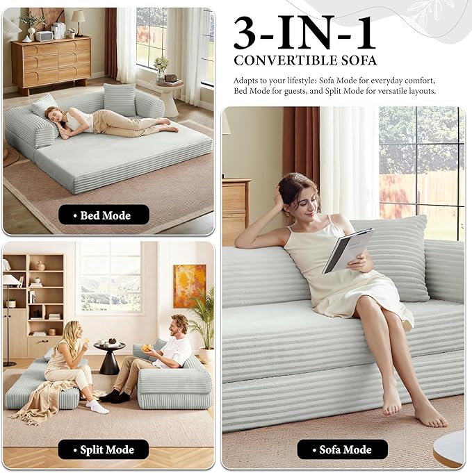 Boneless Couch Sofa Bed Sectional Couches for Living Room,Futon Cloud Couch with Sleeper Sofa,Sofas for Living Room Oversized Corduroy Upholstered (Light Grey)