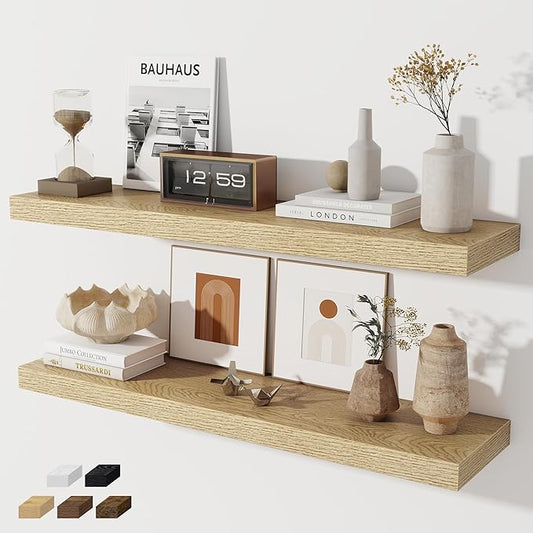Fun Memories 36 Inch Floating Shelves, Wall Shelves Set of 2 for Bathroom/Living Room/Bedroom/Kitchen, Wall Mounted Floating Shelf for Home Decor with Invisible Brackets, Oak