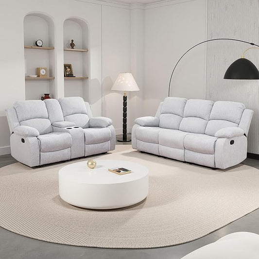 Manual Recliner Sofa Set,Microfiber Reclining Couch Set,Modern Living Room Furniture Set,Reclining Sofa Couch Chair for Living Room Home Office(Grey/White,Sofa+Loveseat)