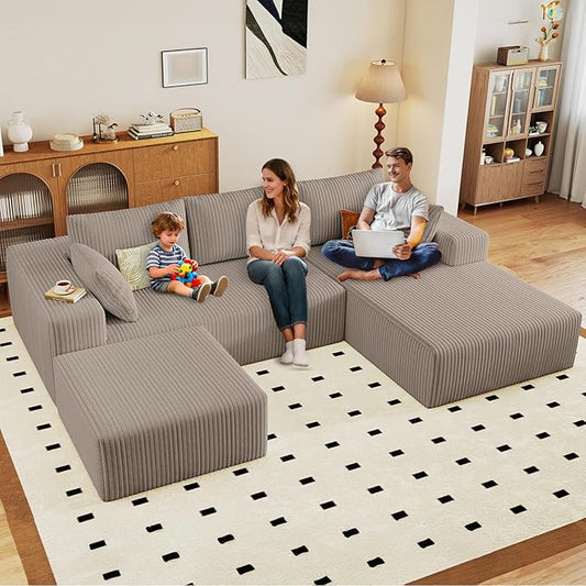 96" U-Shape Cloud Couch, Modern Modular Sectional L-Shape Sofa with Ottoman, Corduroy Upholstered Couches Deep Seat Chaise Longue for Living Room, No Assembly Required(Camel, Right Facing)