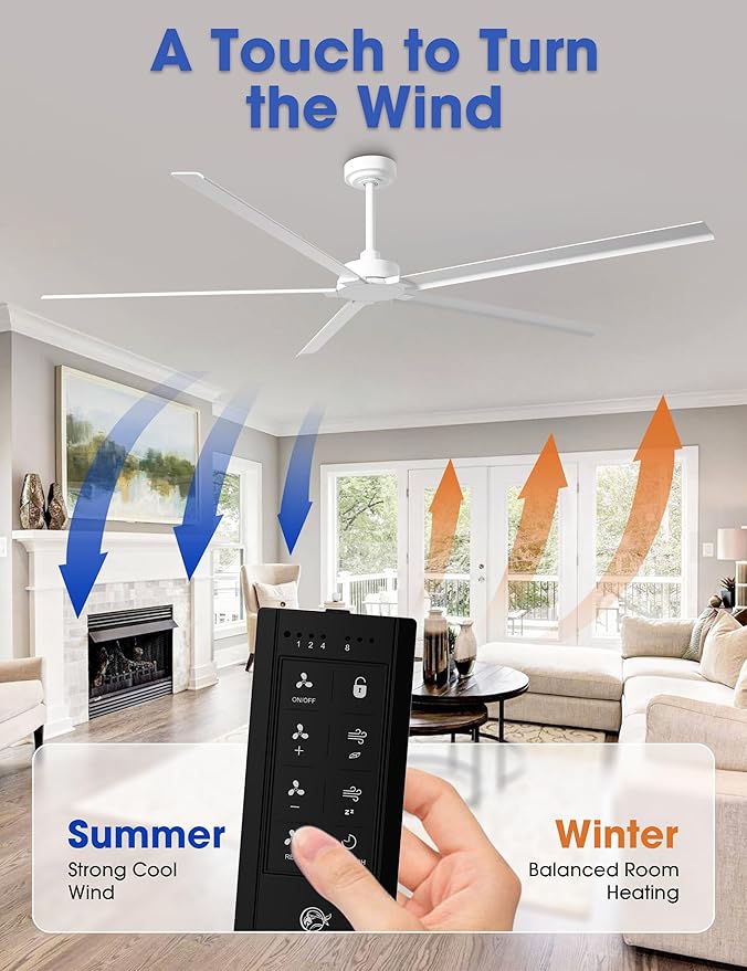 Ceiling Fans Outdoor Waterproof, 72 Inch Industrial Ceiling Fans without Lights, Large White Ceiling Fan No Light with 5 Aluminum Blade, Reverse DC Motor, Outdoor Fans for Patio Shop Garage LivingRoom