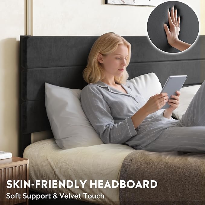 WLIVE King Size Upholstered Bed Frame with 4 Drawers and Velvet Square Tufted Headboard, Sturdy Metal & Wooden Slats Support, No Box Spring Needed, Easy Assembly, Black