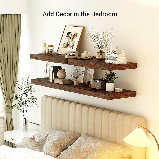 Heimlove 12 Inch Deep Floating Shelves, 55 x 12 inches Long Wall Shelf, Large Extra Display Shelf & Storage Shelf, Rustic Wood Wall Shelves for Fireplace Mantel, Set of 1(Rustic Brown)