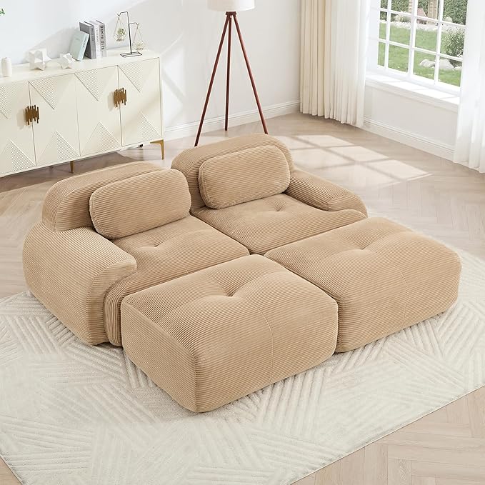 80" Modern Corduroy Boneless Love Seat Couches with 2 Ottomans, 2 Seater Large Sectional Couches for Living Room, Camel Cloud Modular Sectional Sofa, Memory Foam, Extra Deep Loveseat, No Assembly