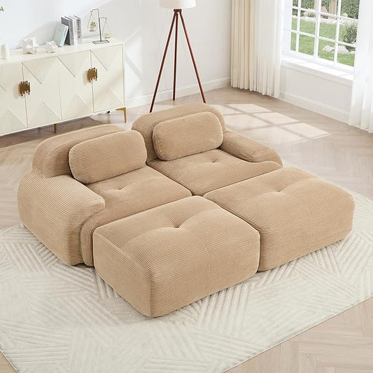 80" Modern Compressed Boneless Love Seat Couches with 2 Ottomans, 2 Seater Large Sectional Couches for Living Room, Camel Corduroy Cloud Modular Sectional Sofa, Memory Foam, Deep Loveseat, No Assembly