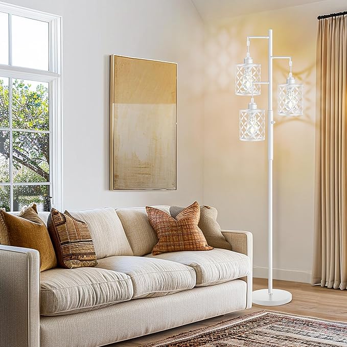 【Upgraded】72" Tall Dimmable Floor Lamp, Modern Standing Lamp with Elegant Metal Cages, Industrial Tree Floor Lamps for Living Room, Bedroom, Study Room, Office (3 x 800LM LED Bulbs Included) - White