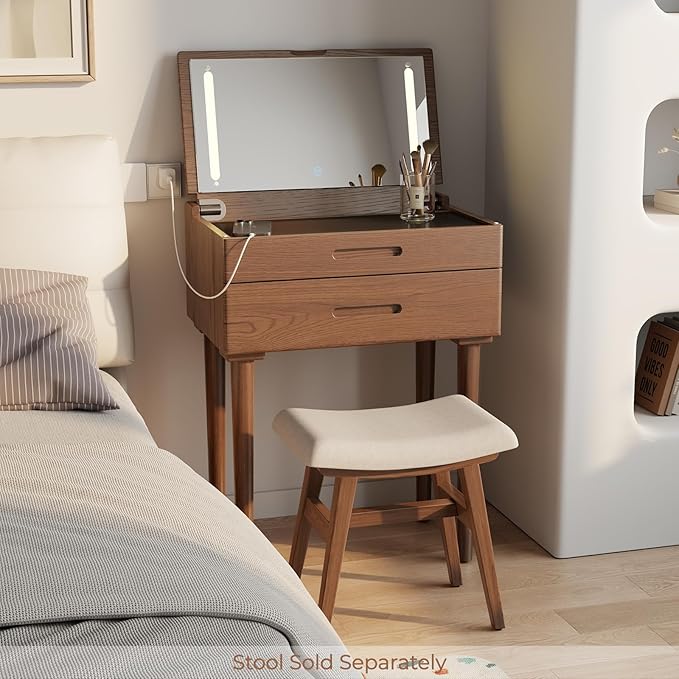 Solid Wood Small Vanity Desk with Mirror and Lights, Narrow Makeup Vanity for Small Space, Flip Top Vanity Side Table, 3 Color Modes & Adjustable Brightness, 23.6" Slim Dressing Table, Walnut
