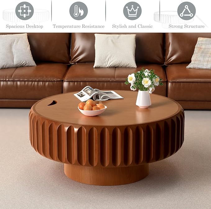 Round Coffee Tables with Storage Fluted Drum Coffee Table with Solid Wood Relief, Modern Circle Wooden Coffee Tables Brown Center Table Accent Tea Table for Living Room Apartment (Round 31.5'')