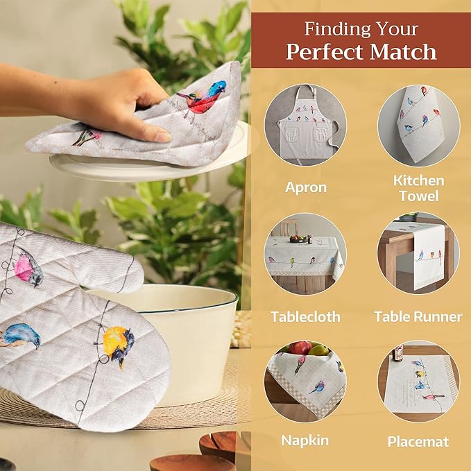 Maison d' Hermine Pot Holders set 100% Cotton Heat Resistant Potholders 8" x 8" Hot Pads with Loop BBQ, Cooking, Baking, Grilling, Kitchen, Handling Hot Pans Spring/Summer (Pack of 2, Birdies On Wire)