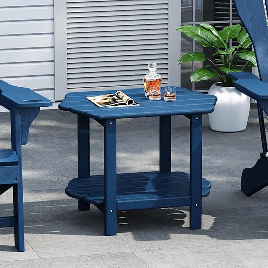 Small Outdoor Side Tables Modern 2-Tier Adirondack Table Rustic End Table HDPE Storage Shelf Industrial Corner Rectangle Coffee Table for Patio Garden Balcony Backyard Pool Farmhouse Home Blue