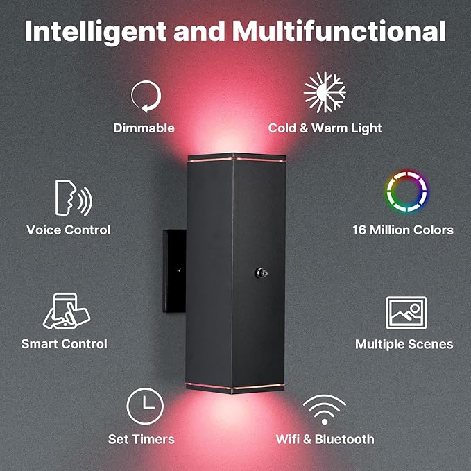 Outdoor Wall Lights 2 Pack, RGBCW Exterior Lighting Sconce,2700K-6500K Dimmable Smart Porch Lights Outdoor for House Patio Garage, Compatible with Alexa/Google Assistant, Bulb Included