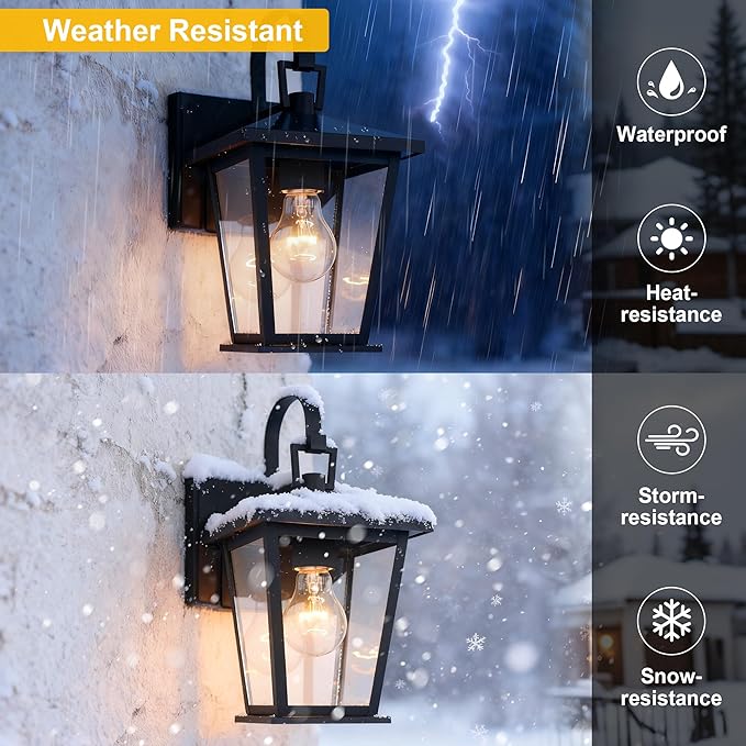 Kalium Outdoor Wall Lantern 2 Pack, Waterproof Exterior Wall Mount Light with Clear Glass in Black Finish, Porch Outside Lighting for Entryway, Backyard, Patio, E26 Base, Clear Glass 12.5 in