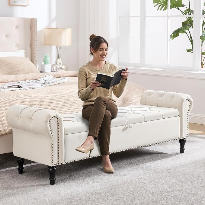 67 Inch Storage Bench for Bedroom, King Size End of Bed Bench, Upholstered Bench with Rolled Arms, Linen Tufted Button Storage Ottoman Benches, Living Room, Entryway, Beige