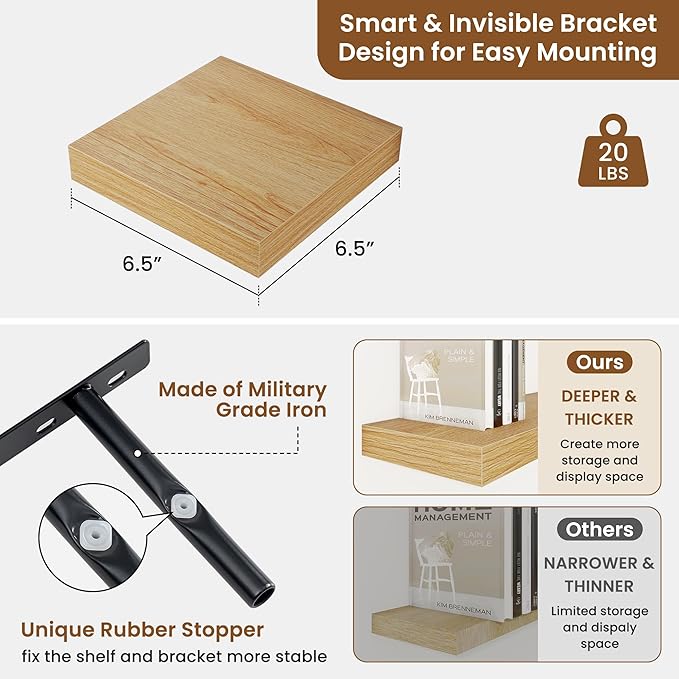 fuqing Floating Shelves for Wall, Wall Mounted Wood Floating Shelf with Invisible Brackets for Living Room, Bathroom, Bedroom, Kitchen Storage and Decor,6.5 Inch Set of 3, Oak