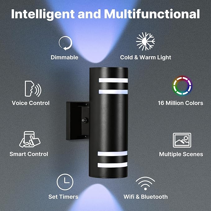 RGB Up and Down Lights Outdoor Wall Lights 6 Packs, Smart Color Changing Outdoor Wall Sconce WiFi Voice & App Control,Aluminum Waterproof Exterior Lights for Porch Compatible with Alexa