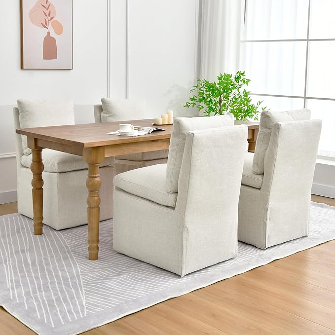 DUHOME Upholstered Armless Dining Chair with Casters,Linen Accent Chair for Living Room,Single Sofa Char with 4 Casters for Bedroom Reading Waiting Kitchen Dining Room