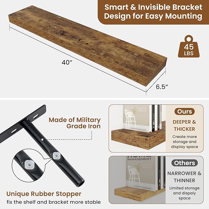 fuqing Floating Shelves for Wall, Wall Mounted Wood Floating Shelf with Invisible Brackets for Living Room, Bathroom, Bedroom, Kitchen Storage and Decor, 40 Inch Set of 2, Rustic Brown