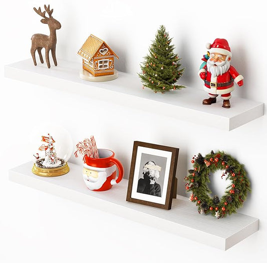 Heimlove Floating Shelves for Wall 32 Inch,Mounted Storage Wood Shelves with Invisible Brackets Hanging Shelf for Bedroom Living Room Kitchen Office,Set of 2,White