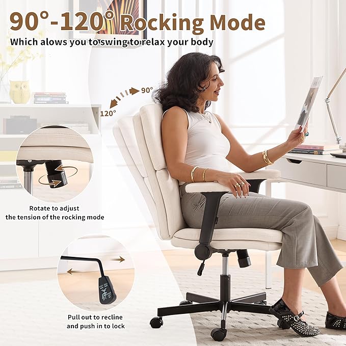 Office Chair Adjustable Desk Chair Mid Back Comfortable Linen Ergonomic Back Support Home Computer Chair with Padded 2D Flip-up Armrest Swivel Wheels (Beige)
