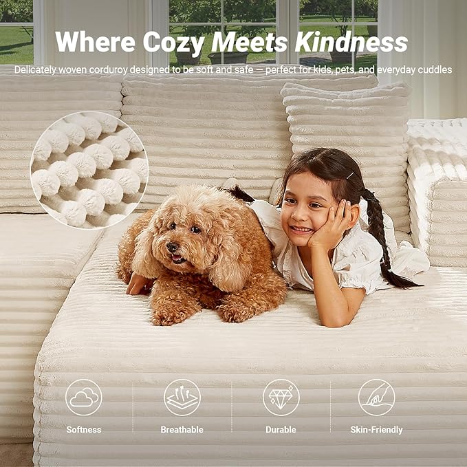 108" Boneless Couch, Cloud Couch Modular Sectional Sofa with Deeper Seat, L-Shaped Sofa with 4 Storage Pockets, Comfy Corduroy Couches for Living Room (Right Facing Chaise, Beige)