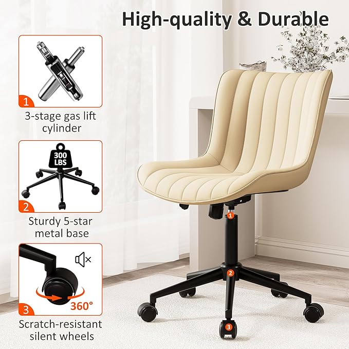 Kidol & Shellder Beige Leather Home Office Desk Chair with Wheels Modern Cute Armless Executive Swivel Vanity Chair with Comfy Padded Back Ergonomic Rolling Adjustable Computer Task Chair Small