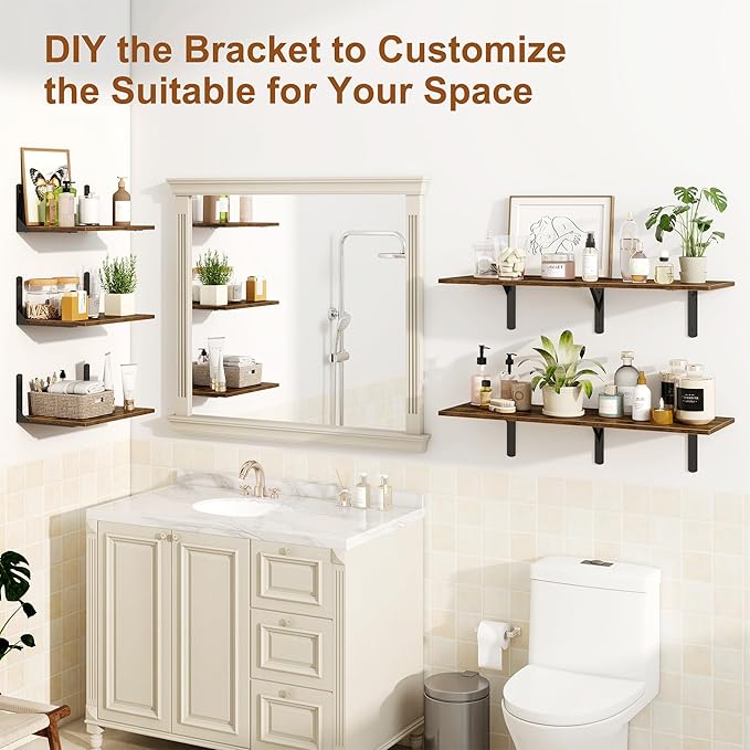 36 Inch Floating Shelves Wall Mounted, 12 Inch Deep Wall Shelves with Visible Brackets, Deep Bookshelf for Home, Rustic Bathroom Shelf, Deep Shelves for Plant, Books, Rustic Brown, Set of 2