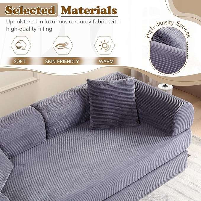 Antetek Convertible Futon Sofa Bed, 3-Seater Modern Corduroy Foam Floor King Size Bed Fold Out Sleeper Lounge Loveseat Sofa Couch with 2 Throw Pillows for Living Room Bedroom Guest Room, Light Grey
