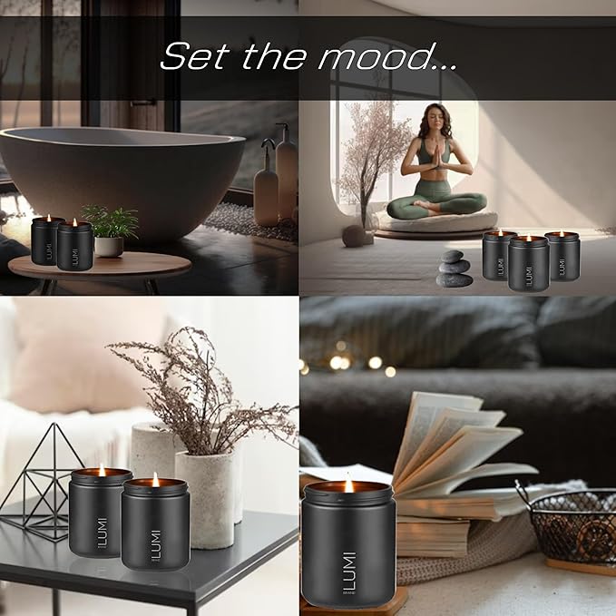 Set of 3 Premium Scented Soy Candles Gift Set | Le Noir Collection - Men’s Cologne, Red Teakwood, Bergamot & Oud | Crackling Wood Wick | Luxury Candles for Relaxation, Home Décor & Gifts | 9.8oz Each