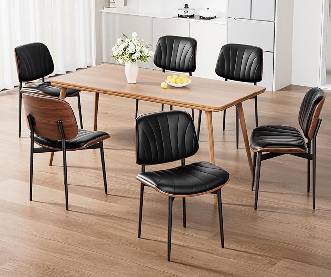 Dining Chairs Set of 4, Mid-Century Modern Upholstered PU Leather Chairs with Walnut Bentwood Back and Metal Legs Adjustable Feet for Kitchen Dining Room, Black Shell Strips