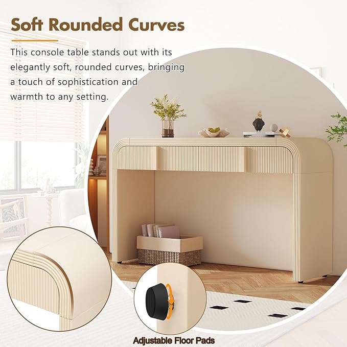 Modern Curved Entryway Console Table 55-Inch Entry Sofa Table with Storage Drawers for Living Room Entrance Hallway Accent Furniture (Apricot Cream)